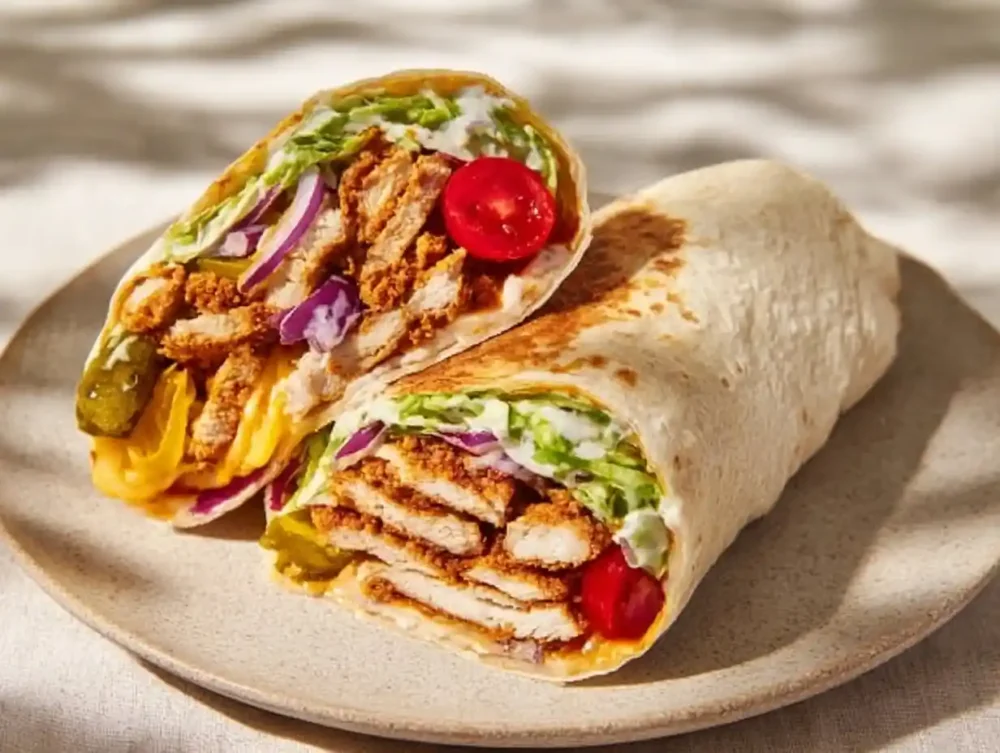 Fried Pickle Ranch Wraps – Crispy, Creamy & Flavor-Packed Lunch Idea Fried pickle ranch wraps cut in half, showing crispy chicken, pickles, lettuce, and creamy ranch in a tortilla.