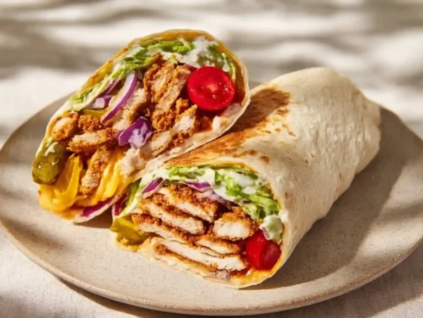 Fried Pickle Ranch Wraps – Crispy, Creamy & Flavor-Packed Lunch Idea Fried pickle ranch wraps cut in half, showing crispy chicken, pickles, lettuce, and creamy ranch in a tortilla.