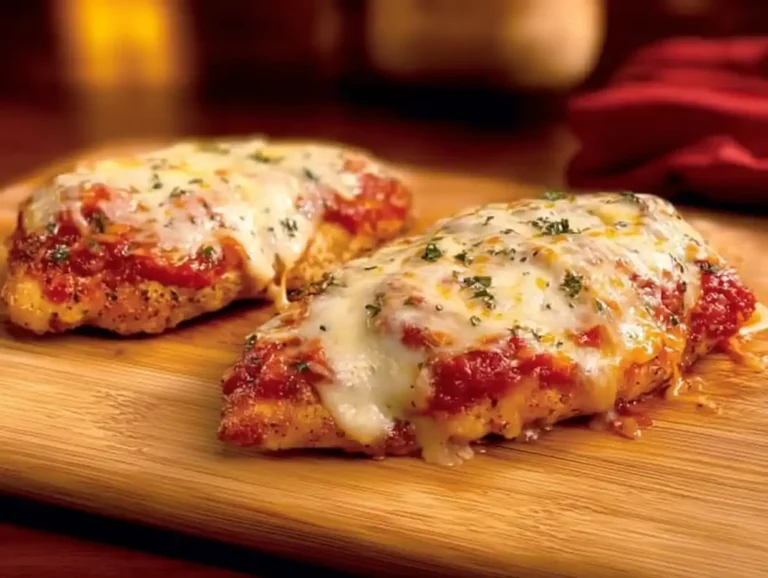 Keto Chicken Parmesan topped with marinara sauce and melted cheese on a wooden board