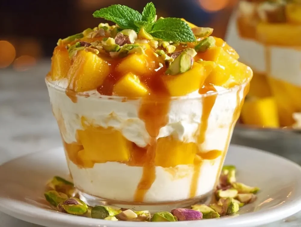 Delicious Mango Caramel Ricotta Parfait layered with fresh mango and creamy ricotta