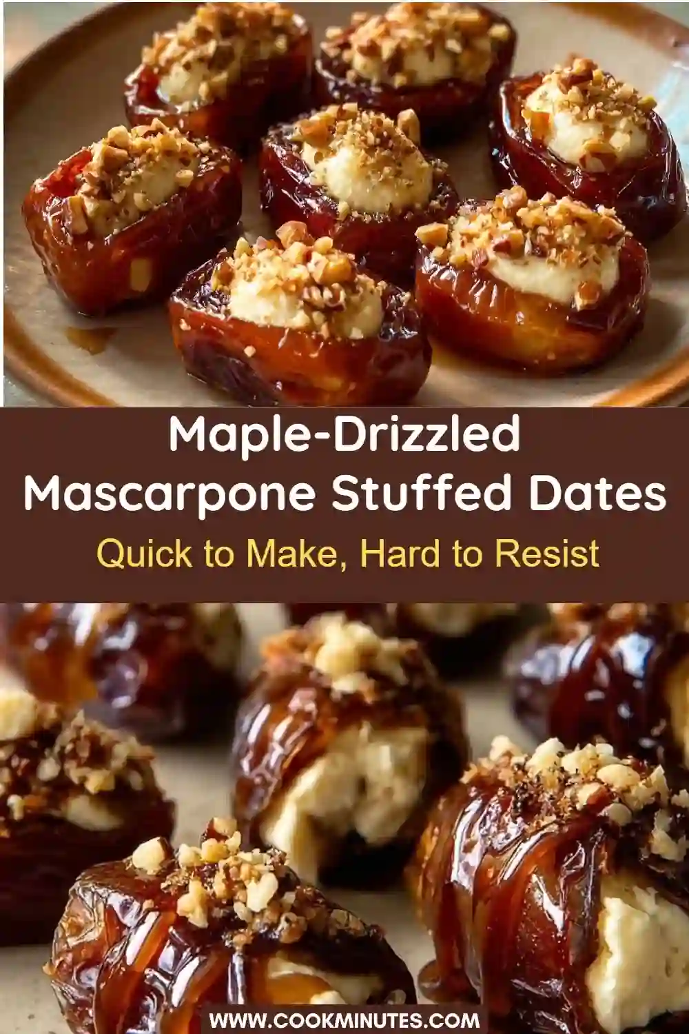 Stuffed Dates Recipe with Mascarpone and Maple Crunch Stuffed dates topped with mascarpone cream, maple syrup, and crushed nuts.