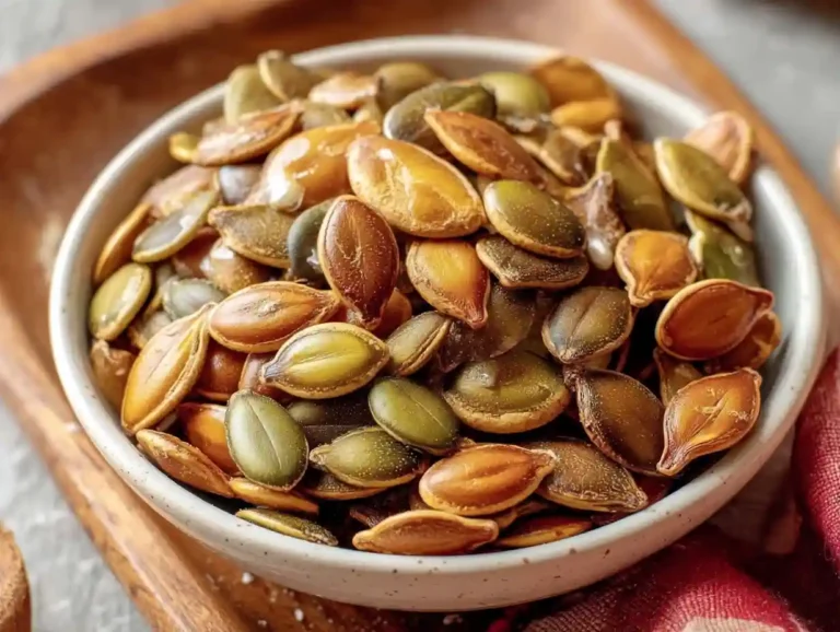 Roasted Pumpkin Seeds in a white bowl, crispy and golden, healthy fall snack