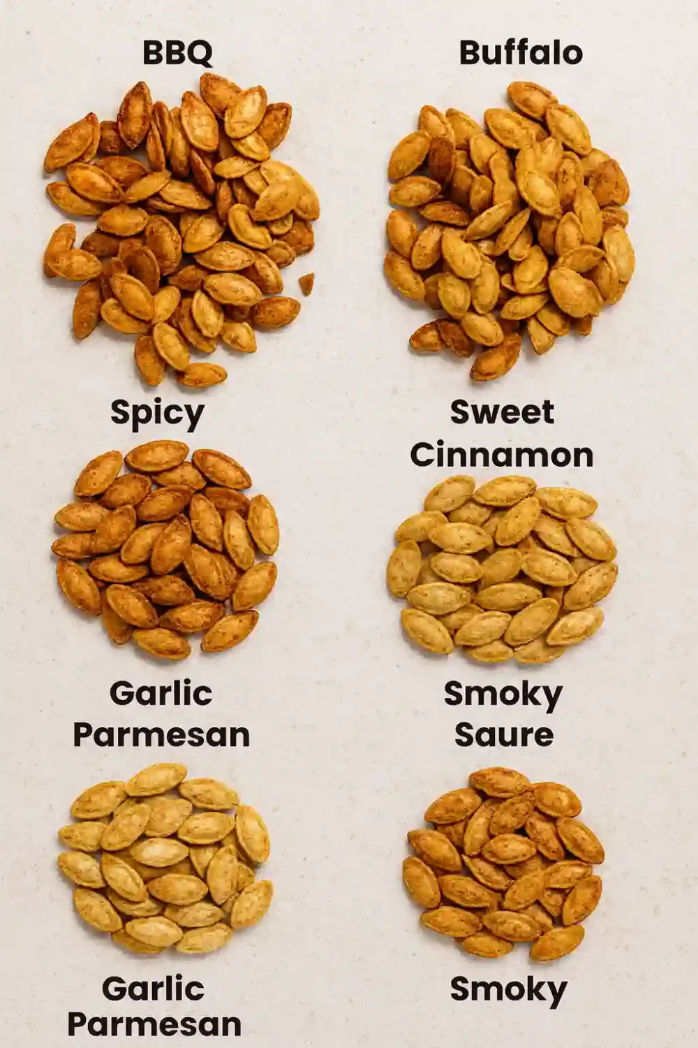Roasted Pumpkin Seeds – 6 Delicious Flavor Ideas to Try Today Roasted Pumpkin Seeds in 6 flavors: BBQ, Buffalo, Cinnamon, Garlic Parmesan, Spicy & Smoky