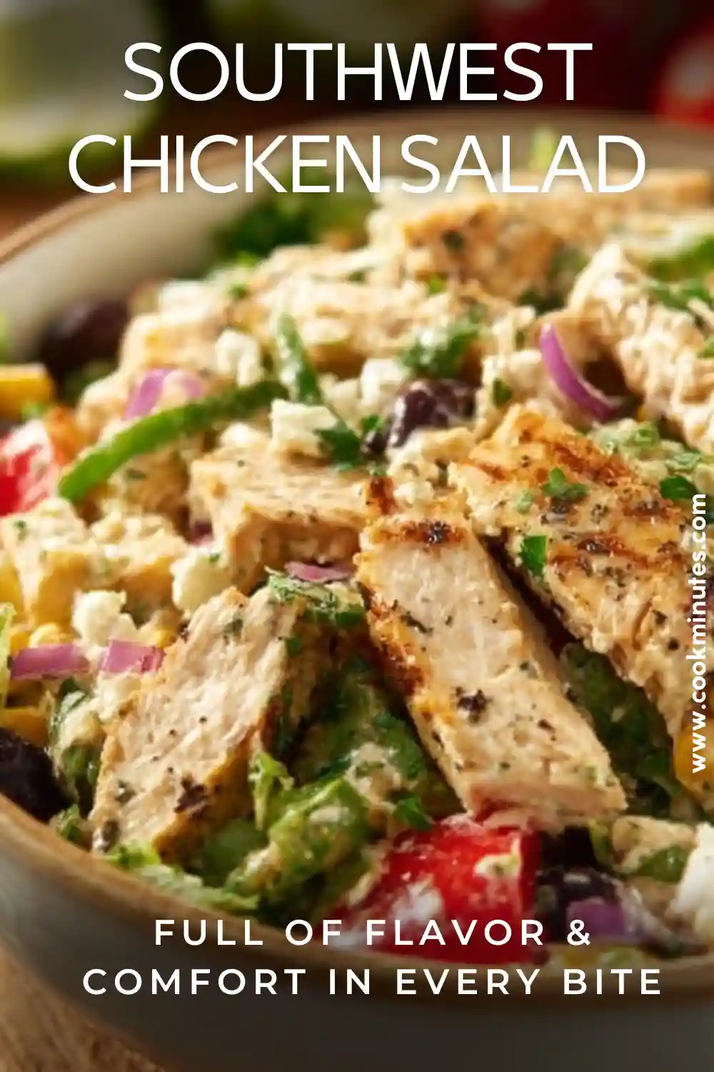 Southwest Chicken Salad packed with bold flavor and healthy ingredients Southwest Chicken Salad in a white bowl with corn, beans, cilantro, and toast on the side