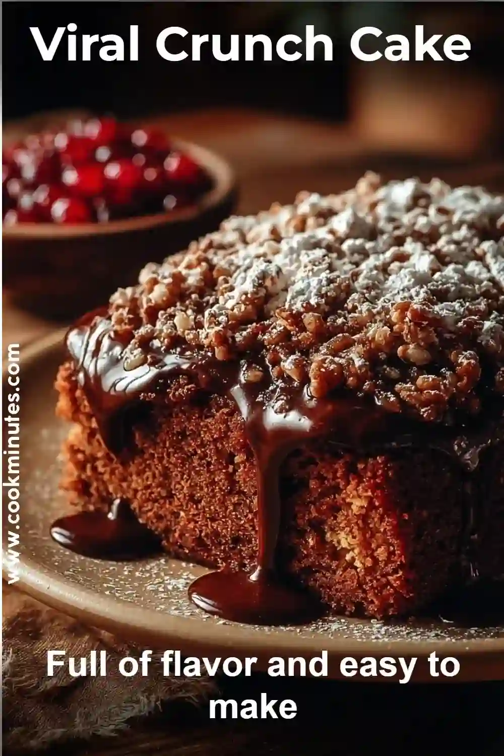 Viral crunch cake stacked with peanut butter filling and chocolate topping