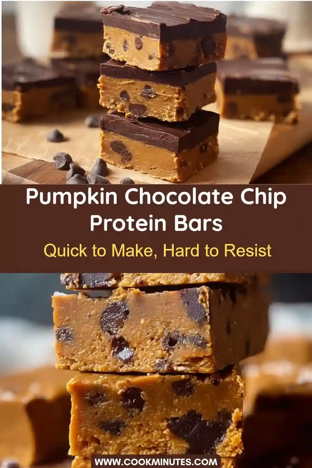 Pumpkin chocolate chip protein bars stacked with rich chocolate topping and moist texture