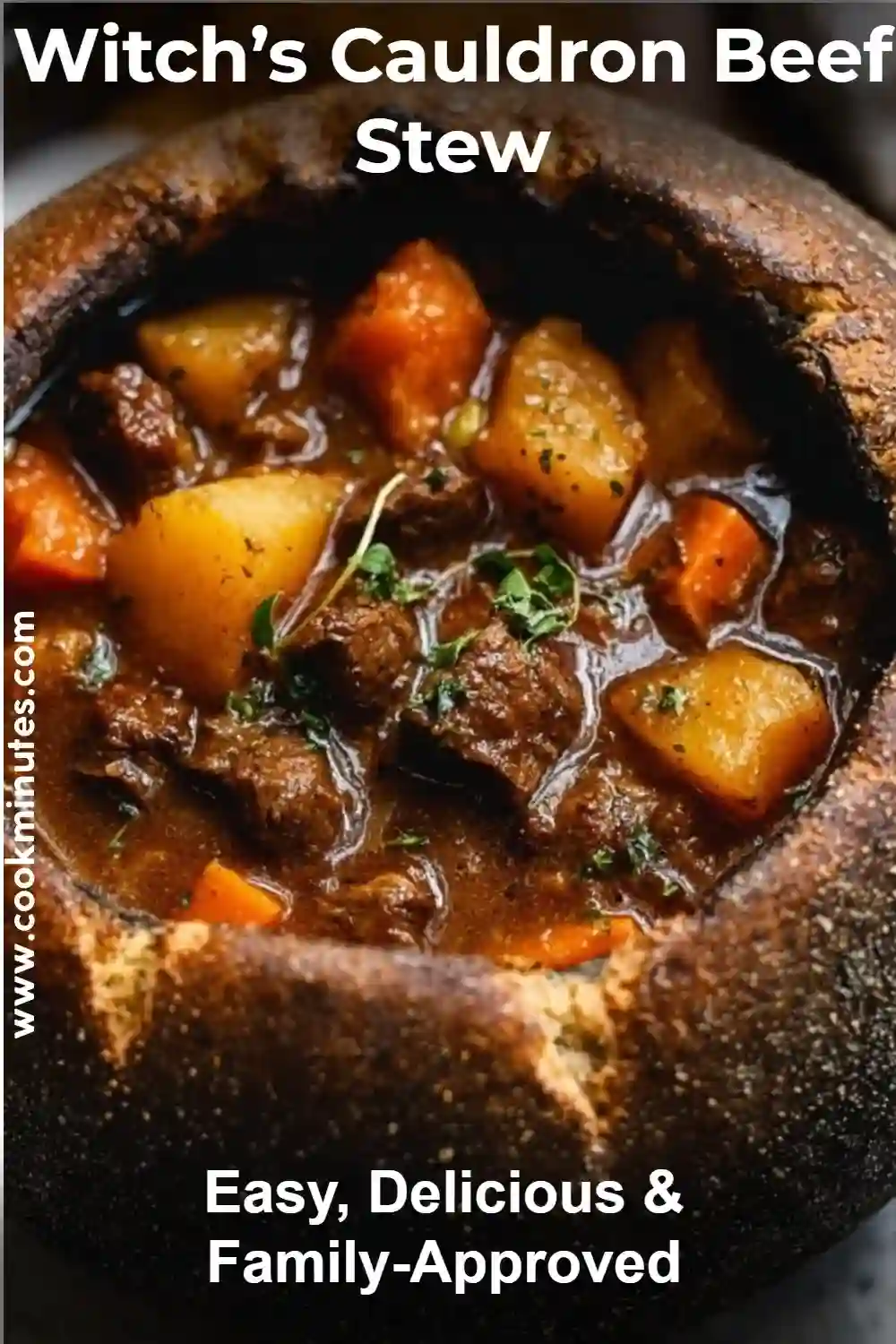 Witch’s Cauldron Beef Stew: A Hearty Comfort Food Witch’s Cauldron Beef Stew in bread bowl with beef, carrots, and potatoes.