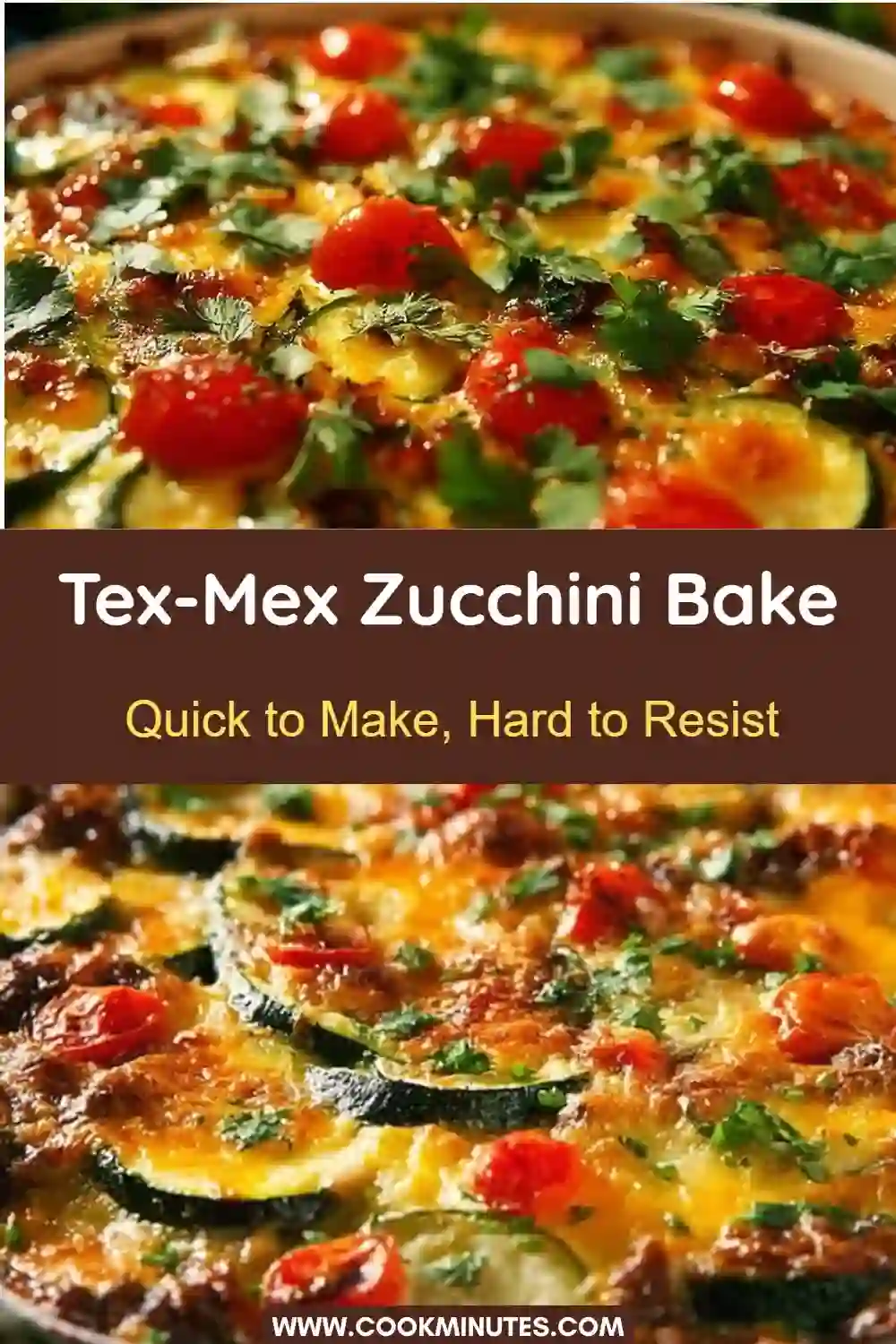 Zucchini bake topped with melted cheese, cherry tomatoes, and fresh cilantro.