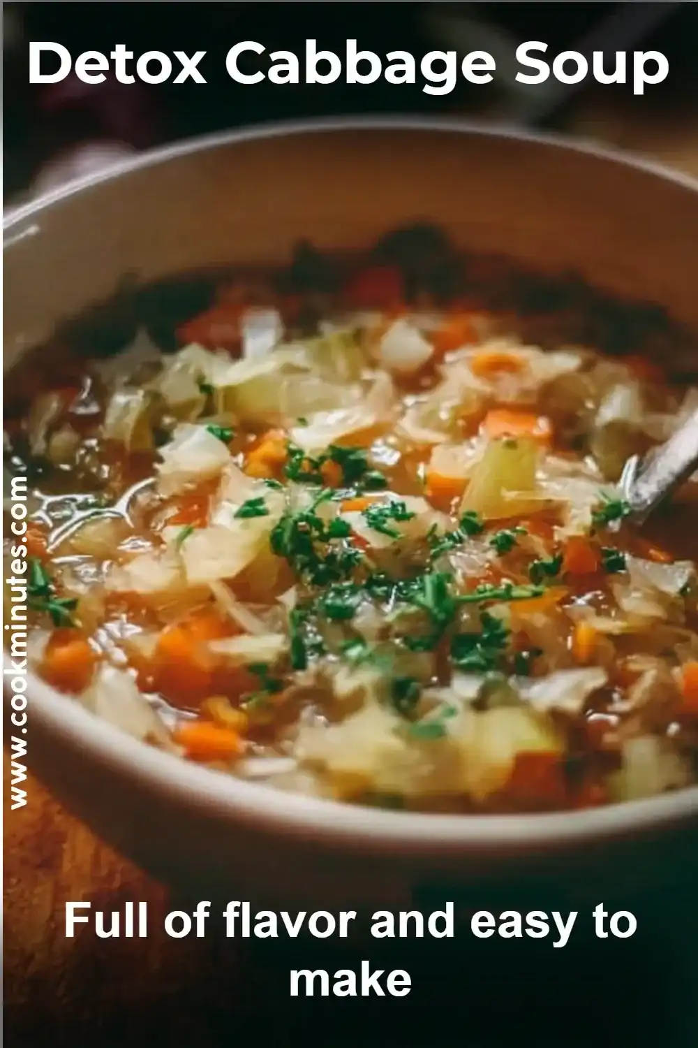 Detox cabbage soup in a white bowl with carrots, tomatoes, and herbs on top.