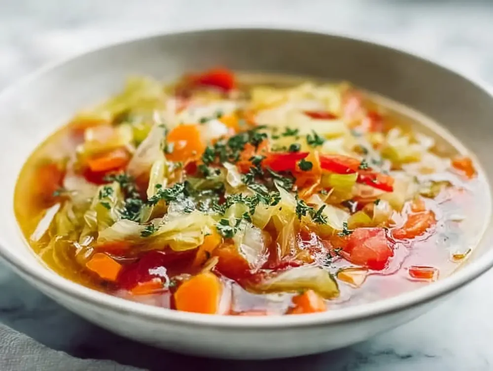 Detox Cabbage Soup in a bowl garnished with herbs and vegetables
