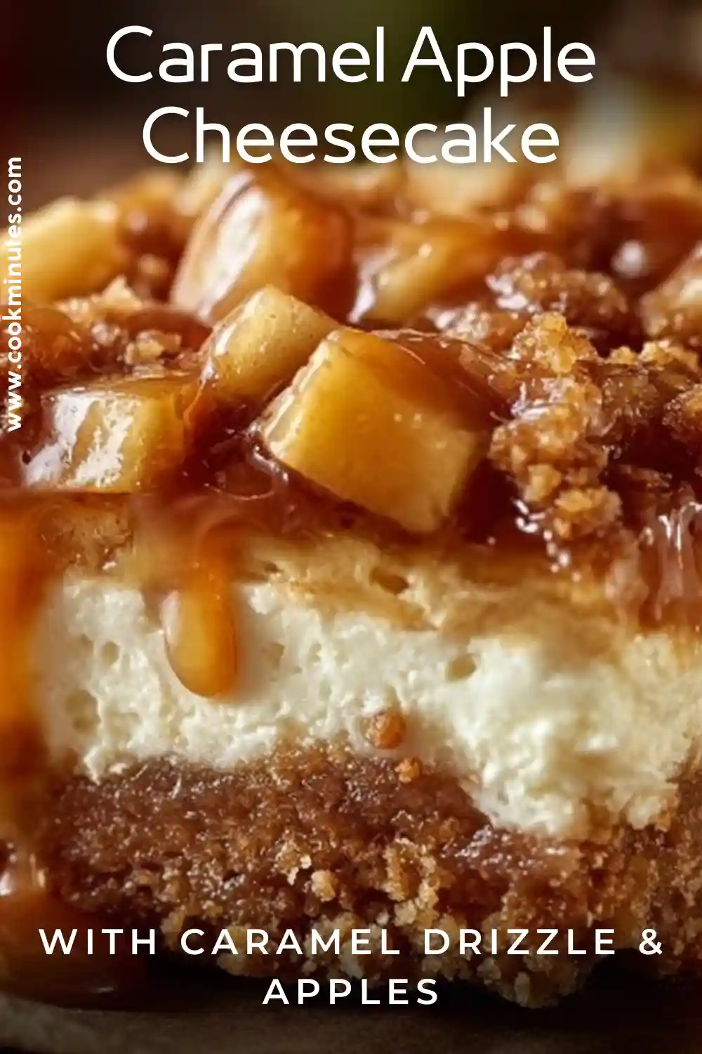 Caramel Apple Cheesecake Bars with Gooey Caramel Swirl Caramel apple cheesecake bars topped with apple pieces and caramel drizzle
