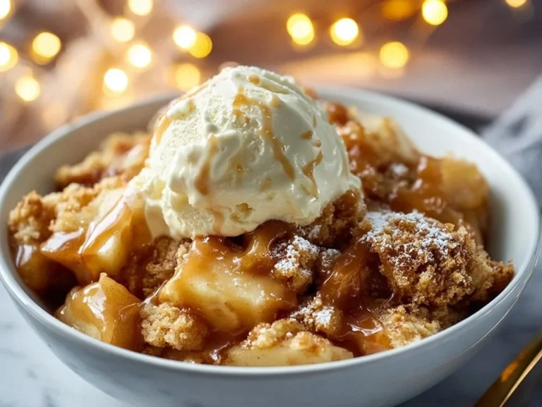 Caramel Apple Dump Cake — Quick & Gooey Dessert Caramel apple dump cake in a bowl topped with ice cream and caramel drizzle