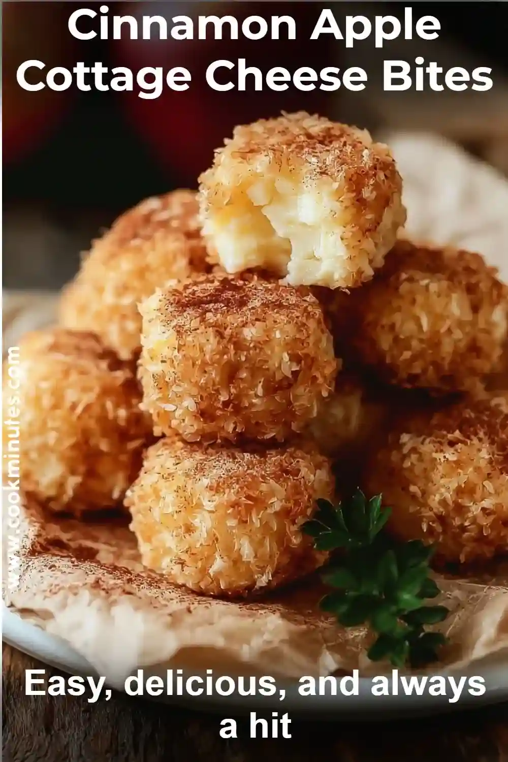 Cottage cheese bites topped with shredded coconut and cinnamon on a plate