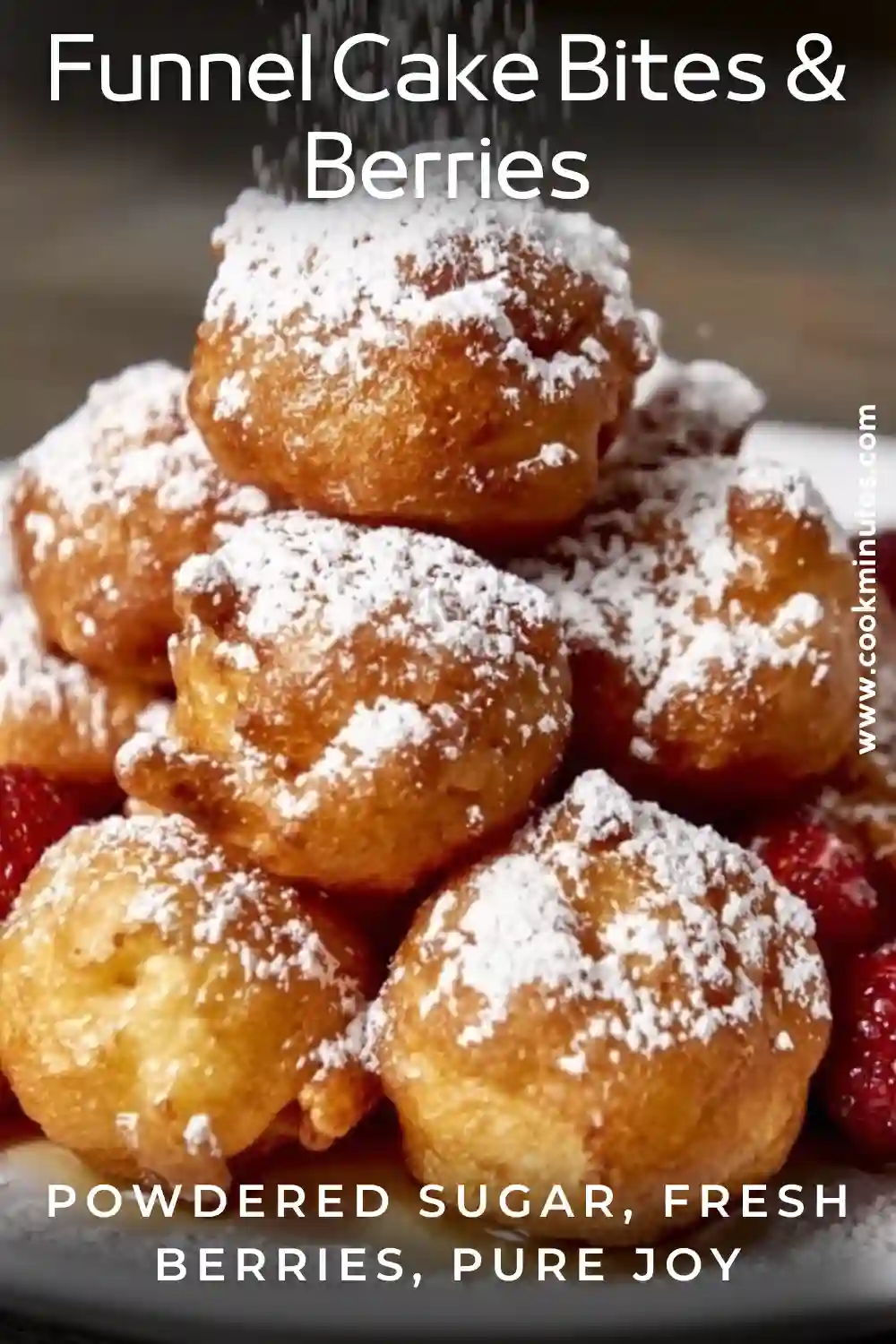Funnel Cake Bites Recipe – Crispy Homemade Carnival Treats Funnel Cake Bites Recipe served with strawberries and syrup, dusted with powdered sugar
