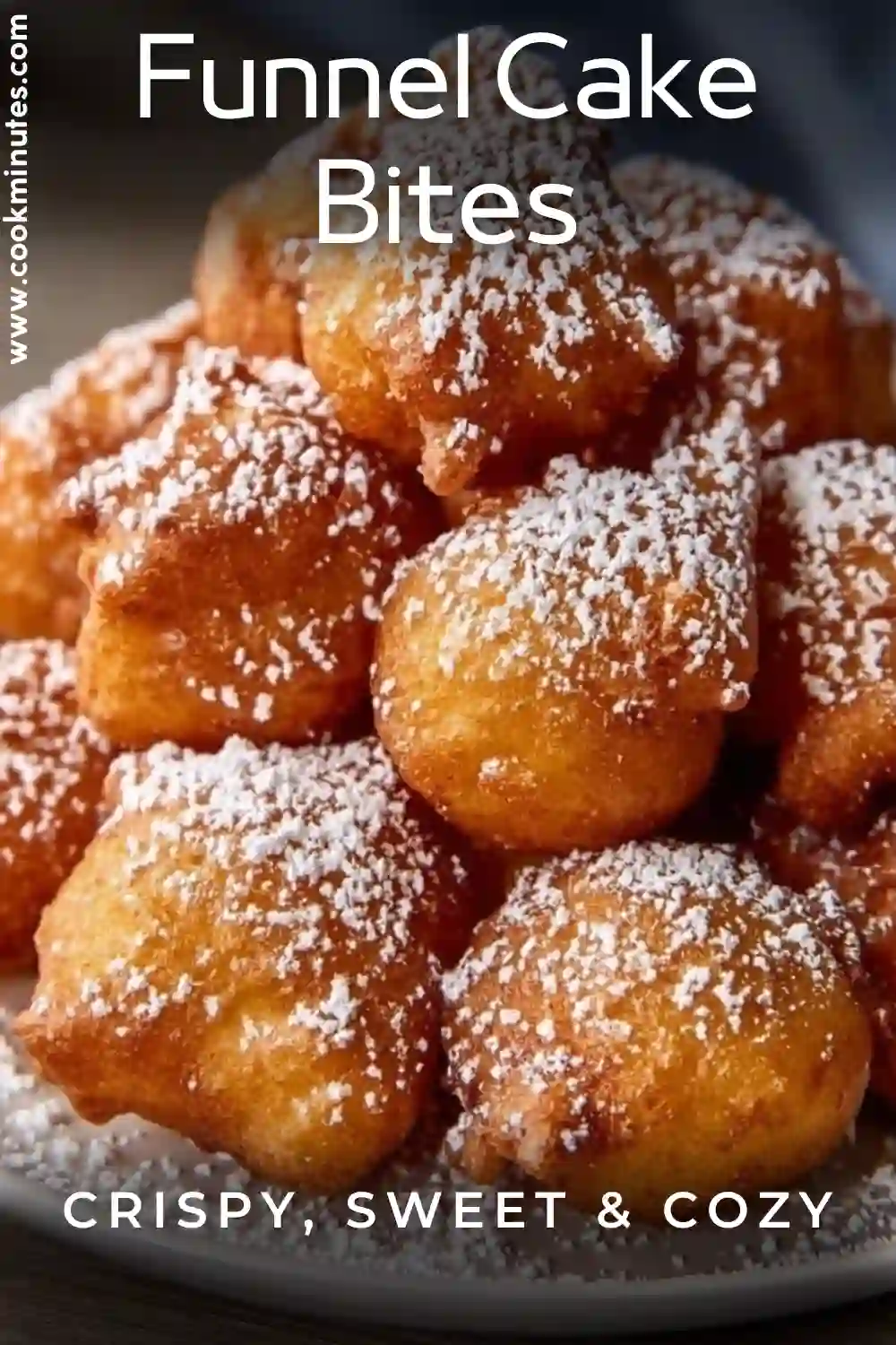 Funnel Cake Bites Recipe – Crispy Homemade Carnival Treats Funnel Cake Bites Recipe crispy golden dough bites dusted with powdered sugar on a plate