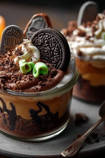 Haunted Graveyard Pudding Cups Haunted Graveyard Pudding Cups are a delightful and spooky twist on the classic dessert that will impress both kids and adults alike at any Halloween gathering. I remember making these fun treats with my family every October, enjoying the simple process of layering chocolate pudding with crushed cookies to create a delicious "graveyard" effect. The combination of smooth chocolate pudding, crunchy cookie dirt, and colorful gummy worms is not just visually appealing but irresistibly delicious. This recipe is perfect for any Halloween party or get-together and will surely evoke memories and laughter, making dessert a highlight of the evening. pudding cups