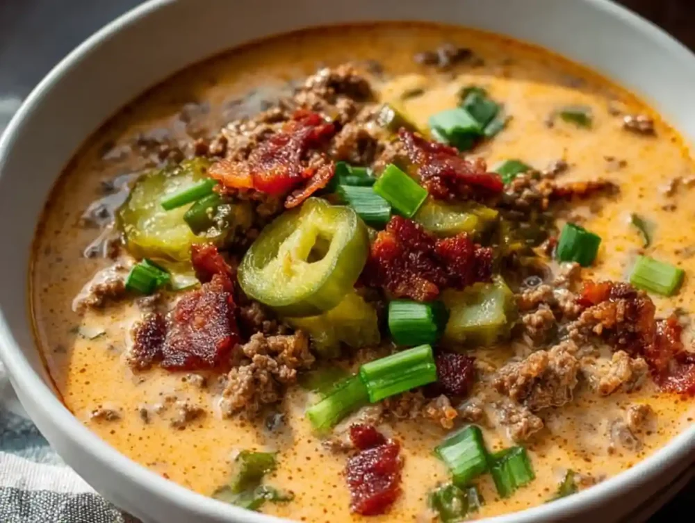 Keto Cheeseburger Soup – Creamy, Hearty & Low-Carb Delight Keto Cheeseburger Soup topped with bacon, pickles, and green onions in a creamy cheese base
