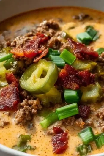 Keto Cheeseburger Soup – Creamy, Hearty & Low-Carb Delight Keto Cheeseburger Soup topped with bacon, pickles, and green onions in a creamy cheese base
