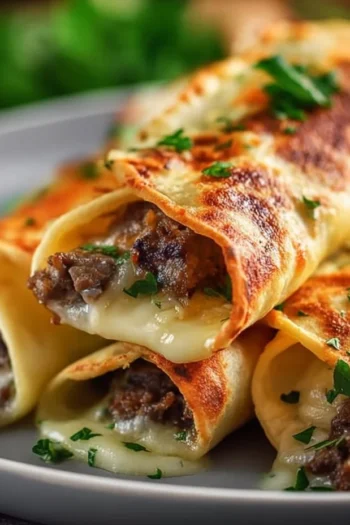 Keto Philly Cheesesteak Rolls filled with steak and cheese, topped with fresh herbs