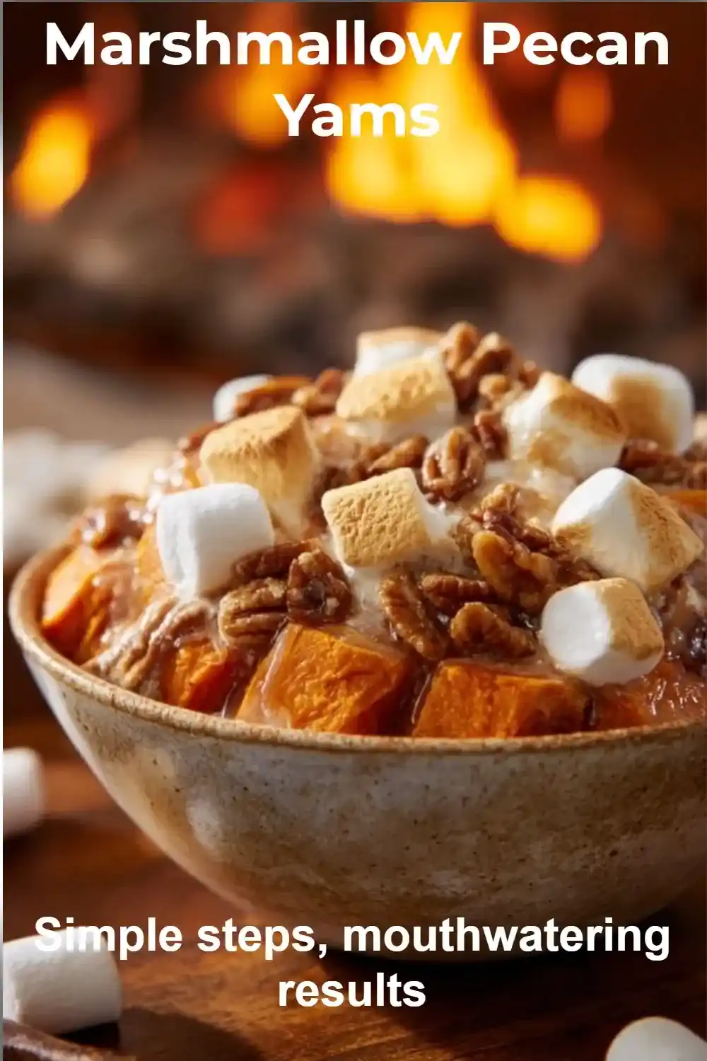 Marshmallow Pecan Yams – Sweet, Creamy Holiday Side Dish Favorite Marshmallow pecan yams topped with fluffy marshmallows and toasted pecans, served in a cozy holiday bowl.