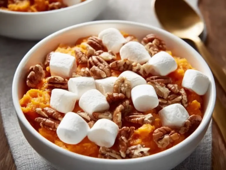 Delicious marshmallow pecan yams served in a dish, perfect for the holidays.