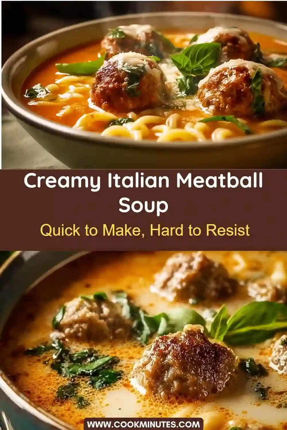 Creamy Italian meatball soup with pasta, basil, and melted cheese in a rich tomato broth.