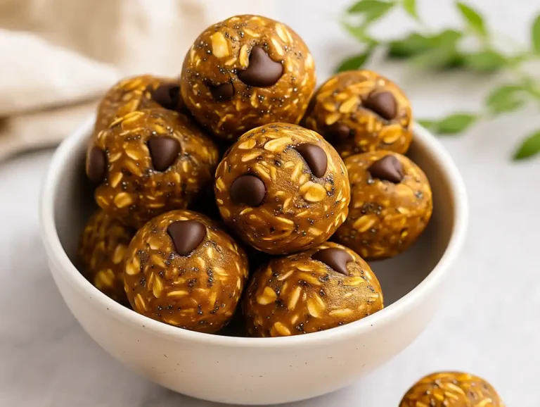 Pumpkin Protein Balls – A Cozy No-Bake Fall Snack Healthy pumpkin protein balls with oats and chocolate chips served in a rustic bowl