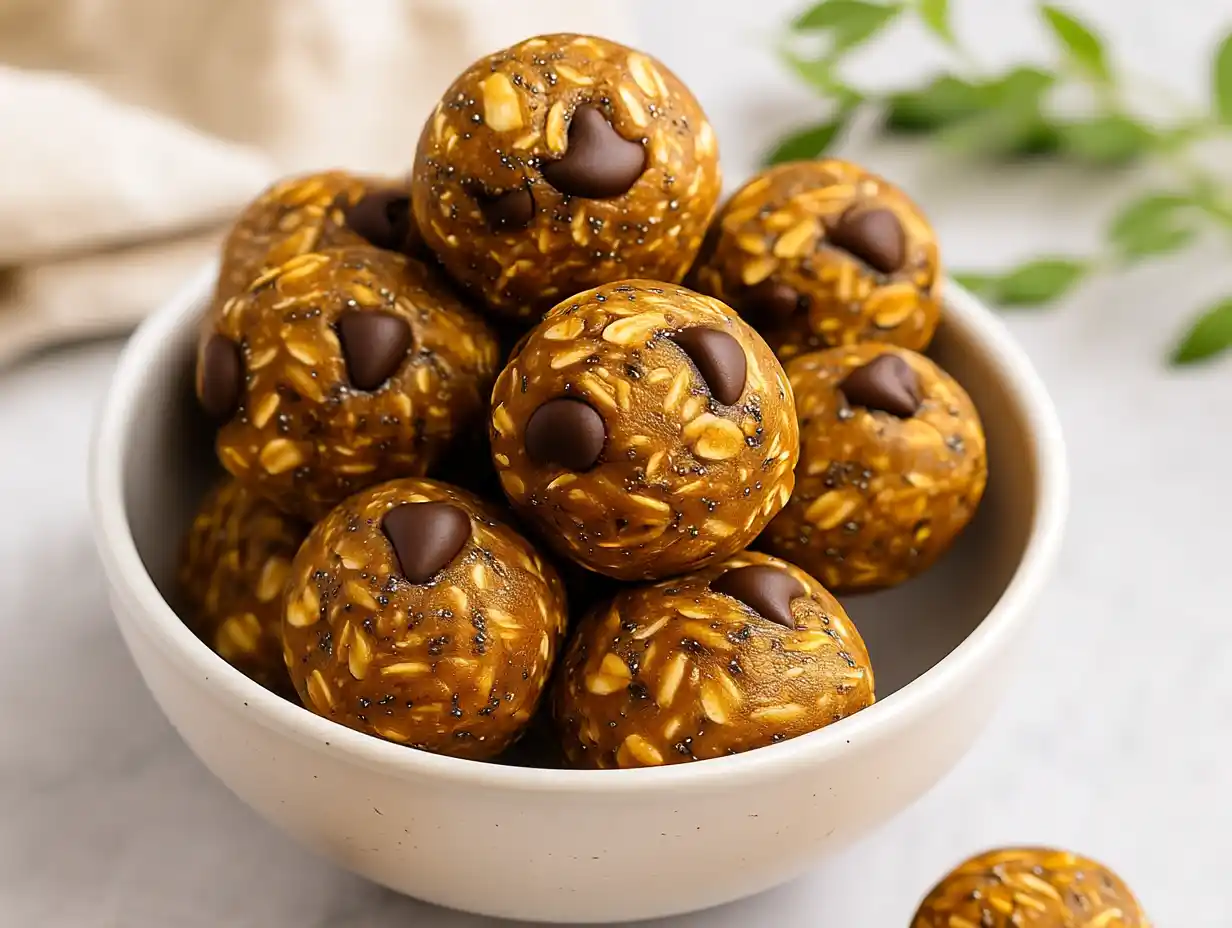 Pumpkin Protein Balls – A Cozy No-Bake Fall Snack Healthy pumpkin protein balls with oats and chocolate chips served in a rustic bowl