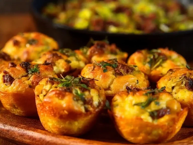 Potato muffins topped with herbs and cheese, served golden brown on a wooden tray.