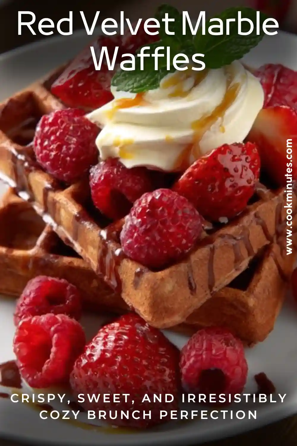 Red Velvet Marble Waffles topped with whipped cream, strawberries, and raspberries, a cozy breakfast treat