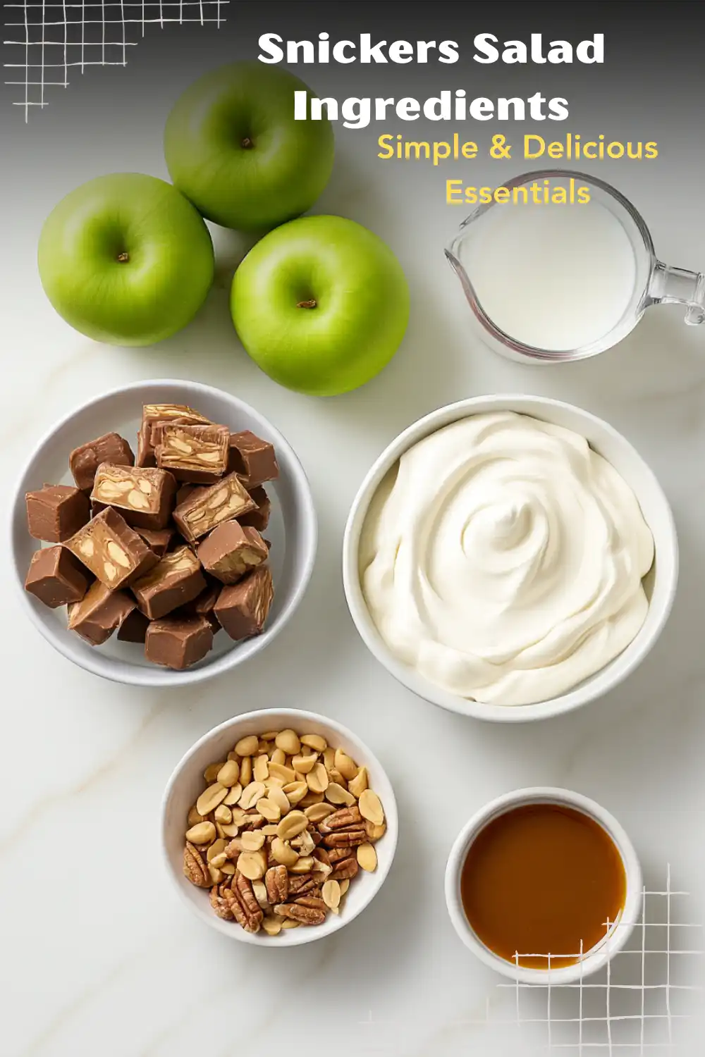 Snickers Salad Recipe – Apples, Candy & Creamy Caramel Dessert Flat lay of Snickers Salad ingredients with Granny Smith apples, Snickers bars, pudding mix, whipped topping, and milk