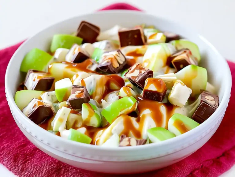Snickers Salad Recipe – Apples, Candy & Creamy Caramel Dessert The first time I tried Snickers Salad was at a summer barbecue, I remember the creamy sweetness meeting the crisp snap of apples. It felt like a dessert in disguise, playful and a little mischievous, wearing the word “salad” proudly. Since then, this Apple Snickers Salad has become my easy comfort dish for family gatherings. The creamy pudding and whipped topping base makes every spoonful light, while the candy bars add a chewy caramel crunch. To balance it out, I sometimes serve this creamy fruit dessert with a savory bite like the High Protein Cucumber Salad, sweet meets refreshing in one meal. Snickers Salad