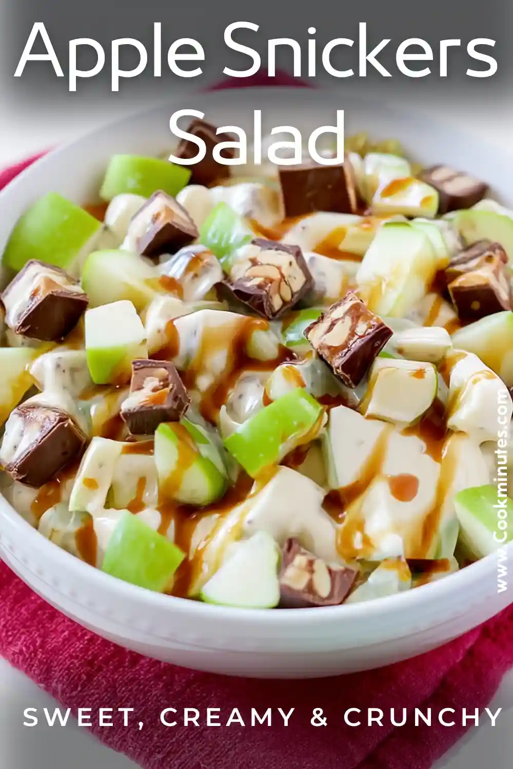 Snickers Salad Recipe – Apples, Candy & Creamy Caramel Dessert Apple Snickers Salad with green apples, candy bar chunks, and creamy pudding base topped with caramel