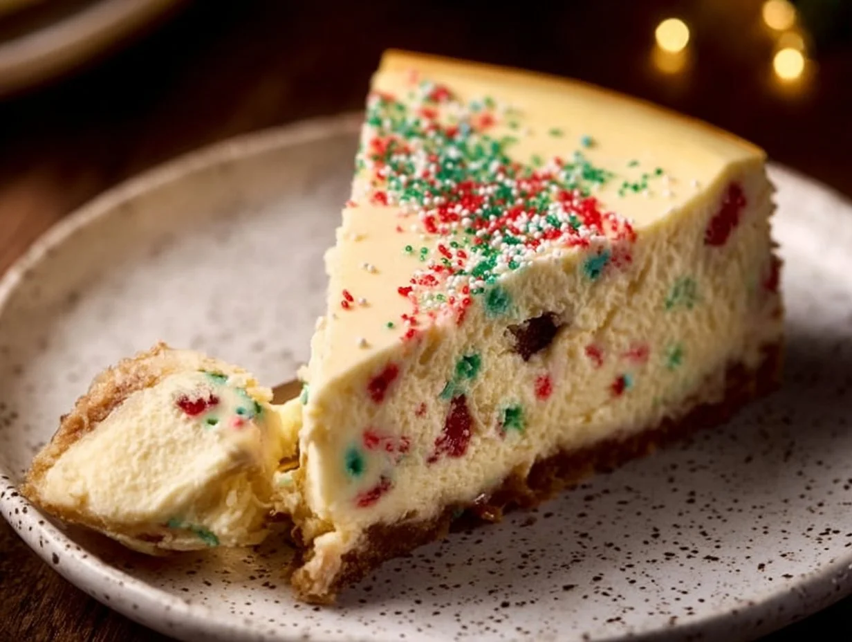 Sugar Cookie Cheesecake: Creamy, Festive & Sweet Sugar cookie cheesecake slice decorated with sprinkles and creamy topping