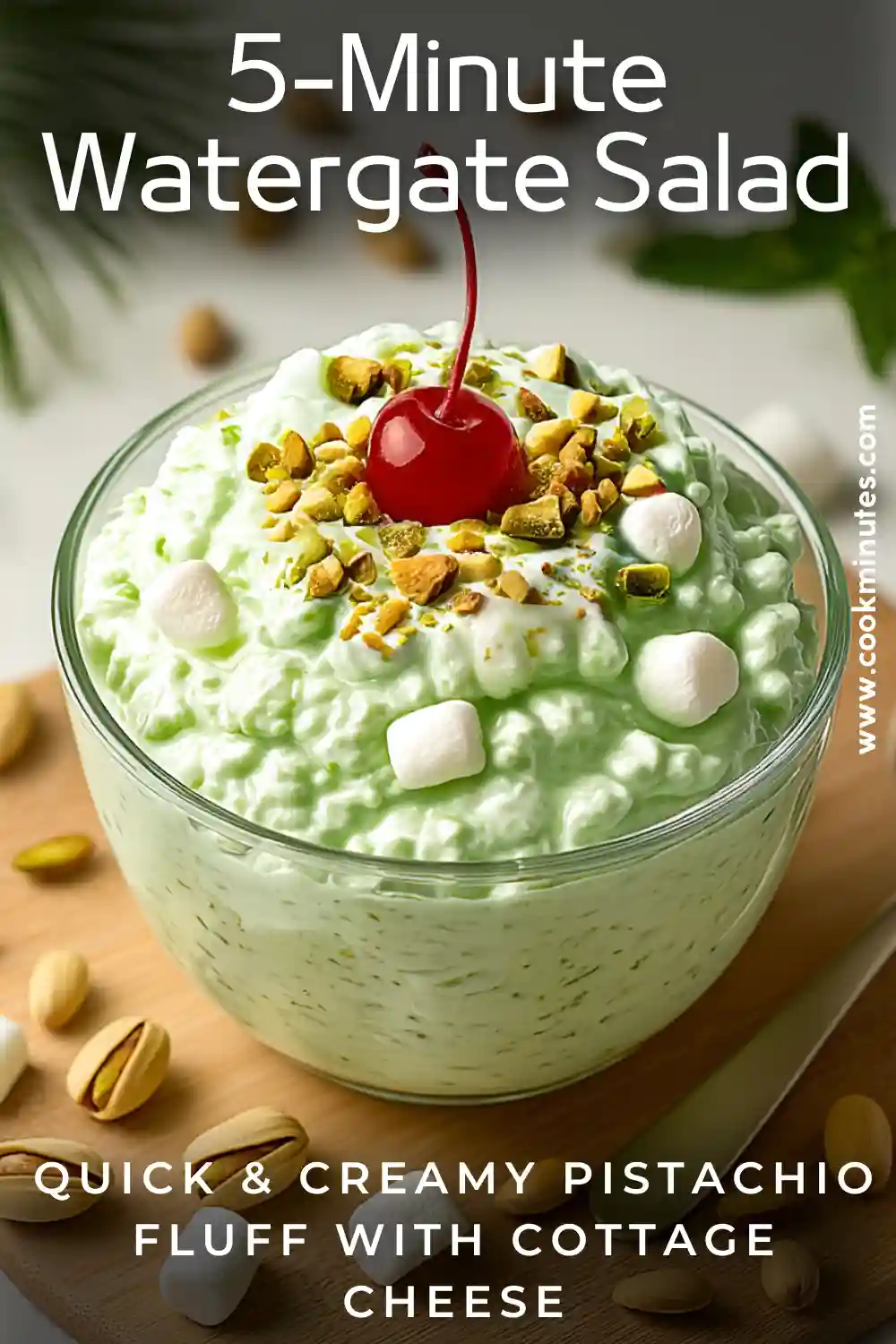 5-Minute Watergate Salad with Cottage Cheese (Quick, Creamy & Fun!) freshly made 5-minute watergate salad with cottage cheese and pistachios in a glass bowl