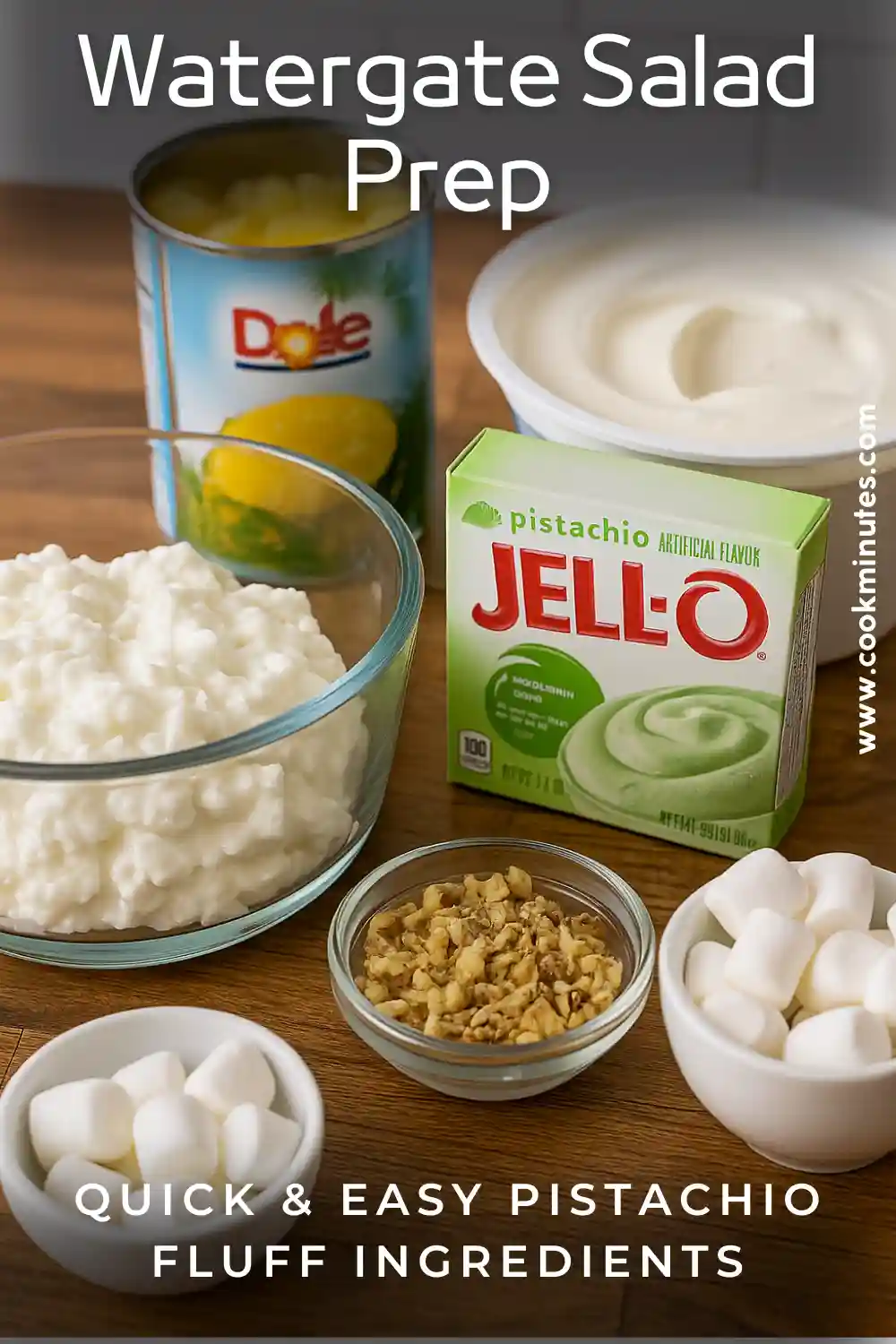 5-Minute Watergate Salad with Cottage Cheese (Quick, Creamy & Fun!) watergate salad with cottage cheese ingredients on wooden counter, cottage cheese, pudding mix, pineapple, nuts