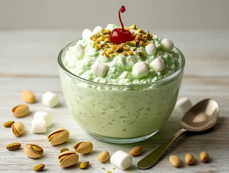 5-Minute Watergate Salad with Cottage Cheese (Quick, Creamy & Fun!) quick watergate salad with cottage cheese and pistachios in glass bowl on marble counter