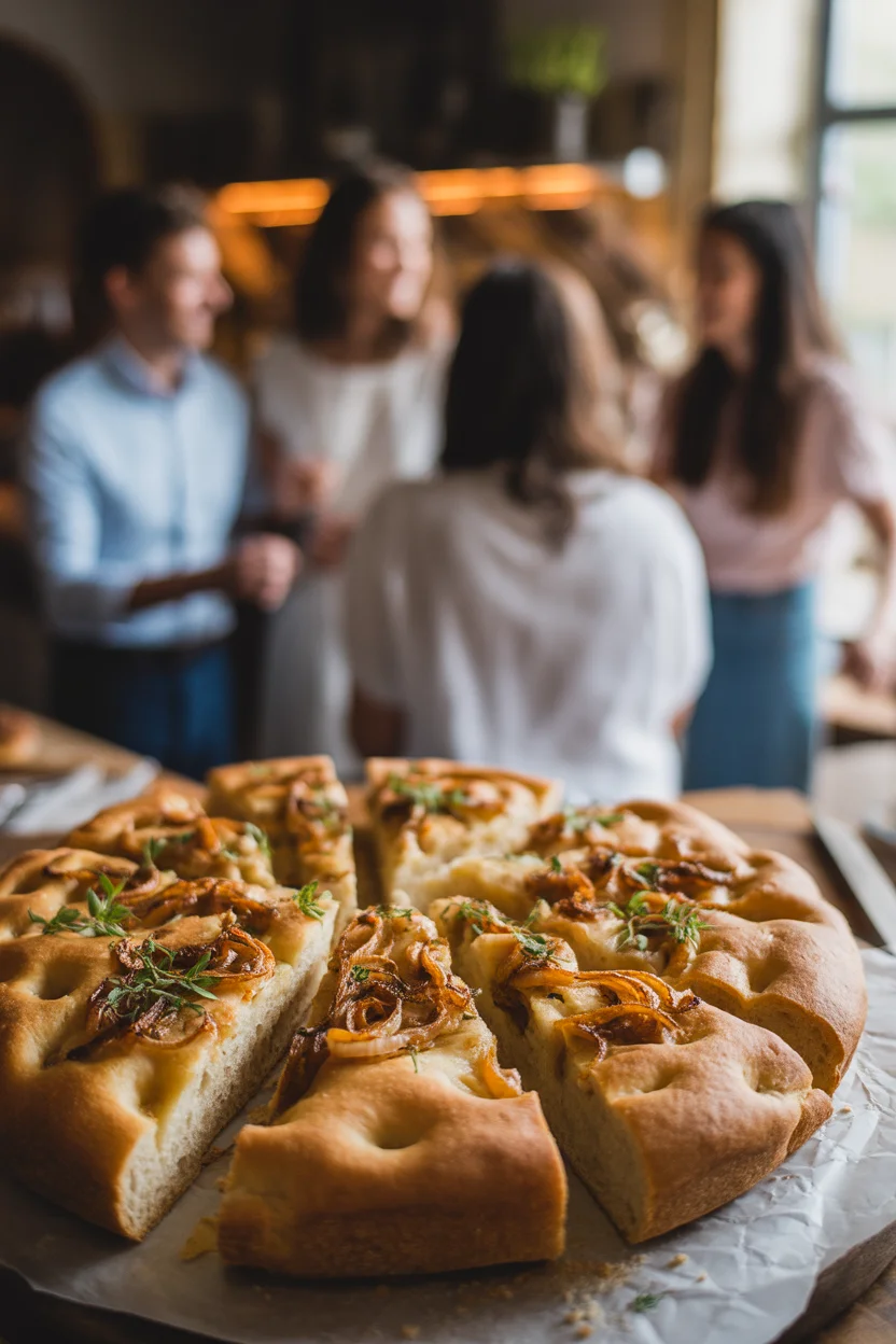 Onion focaccia bread topped with caramelized onions, golden crust, and fresh herbs in a baking pan