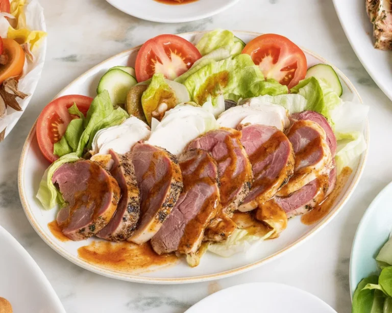 Juicy doner kebab made with seasoned meat on a vertical rotisserie, served with fresh veggies.