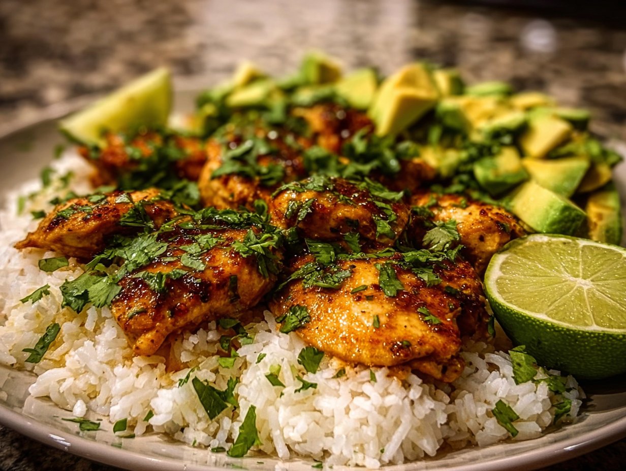 Zesty Cilantro Lime Chicken with Avocado and Jasmine Rice served on a plate