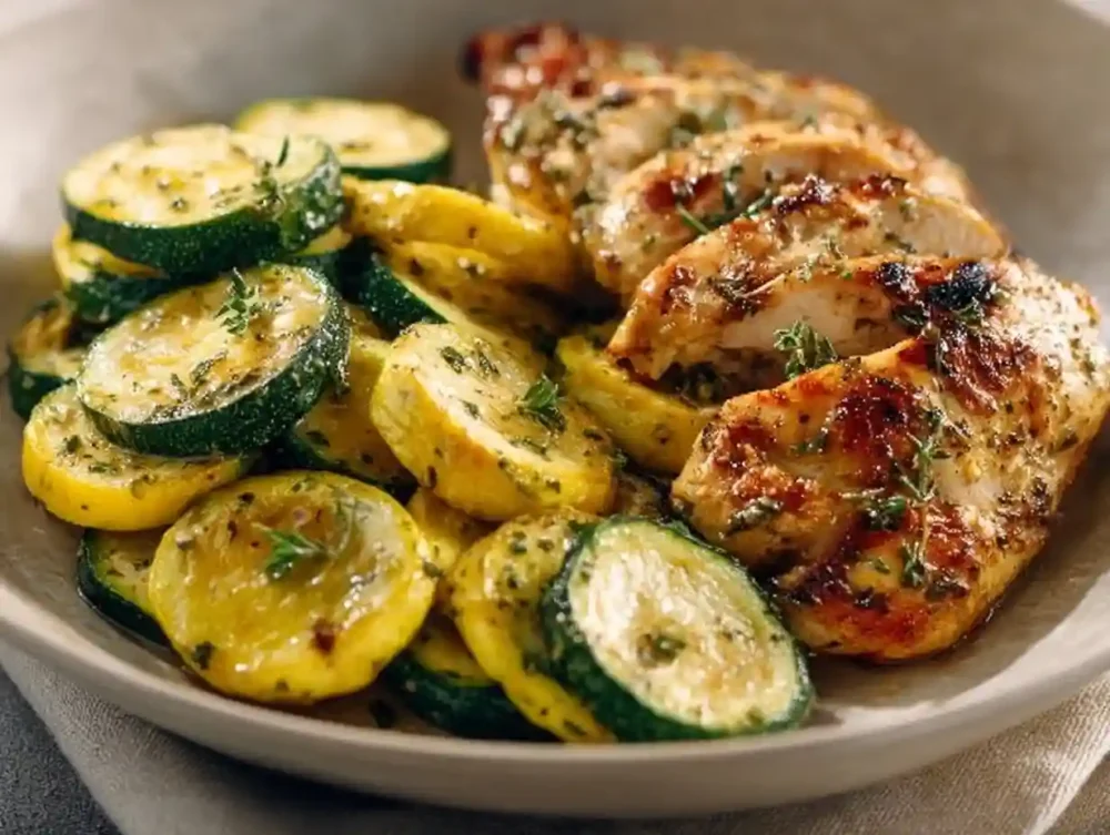 Asado chicken served with sautéed lemon zucchini on a plate