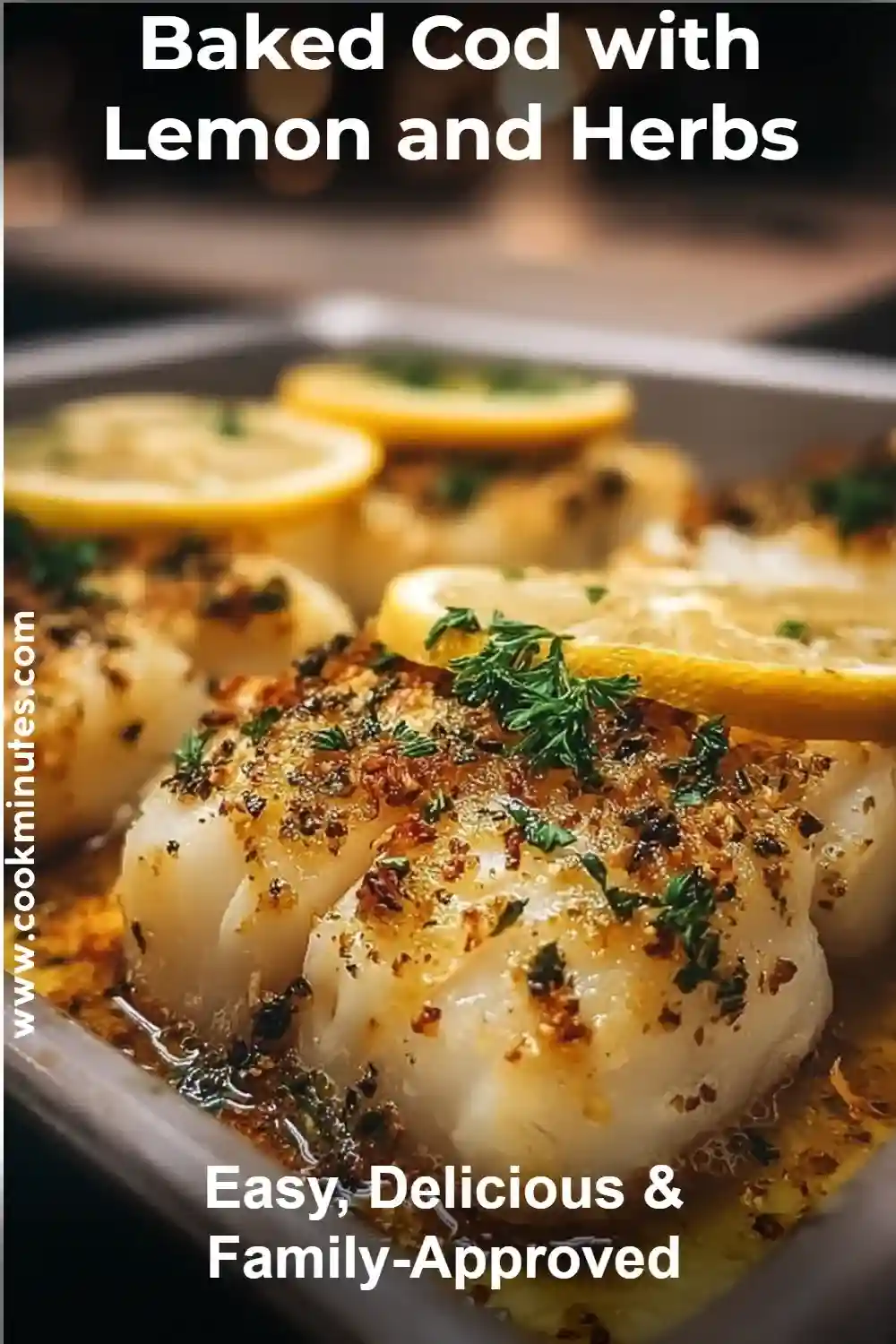 Baked Cod with Lemon and Herbs on a plate, golden and garnished with fresh parsley.