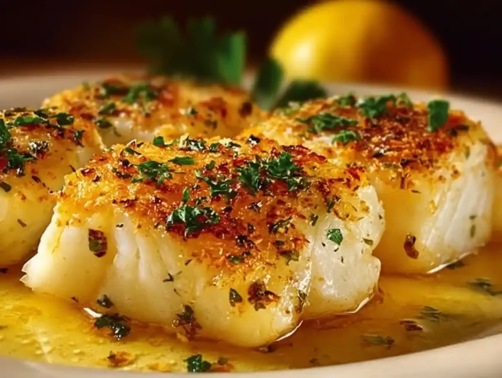 Baked cod with lemon and herbs on a plate, garnished and ready to serve