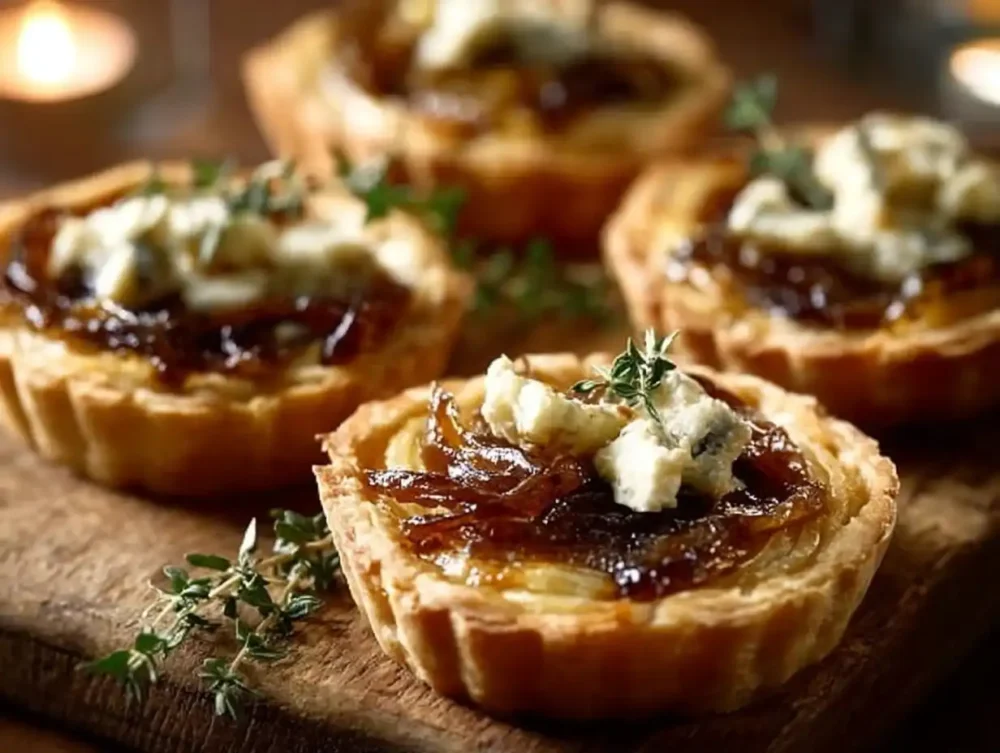 Caramelized Onion Tarts with Goat Cheese and Flaky Puff Pastry Caramelized Onion Tarts topped with goat cheese and thyme on golden puff pastry.