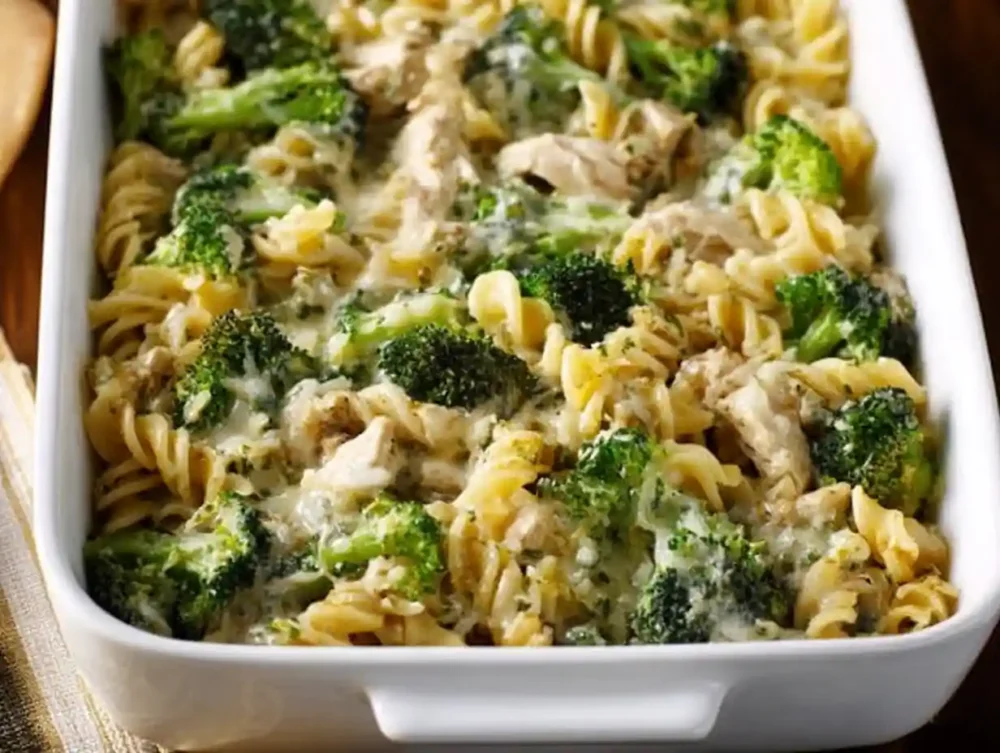 High-Protein Chicken Alfredo Bake with creamy sauce and chicken on a serving plate.