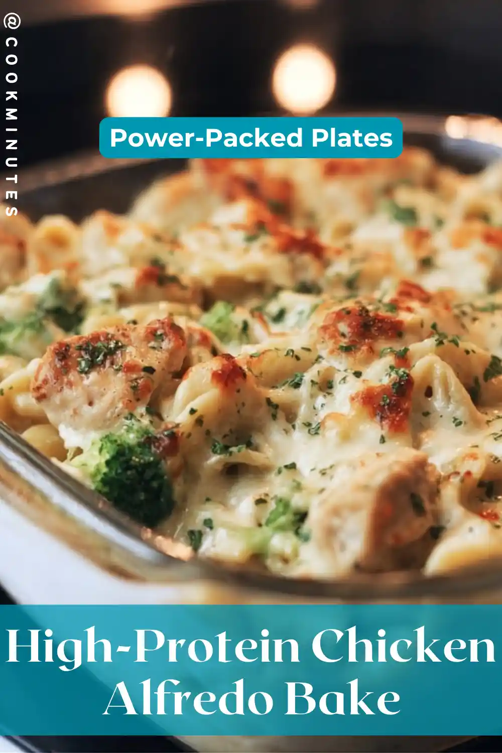 High-Protein Chicken Alfredo Bake ready for serving, featuring pasta, chicken, and broccoli.