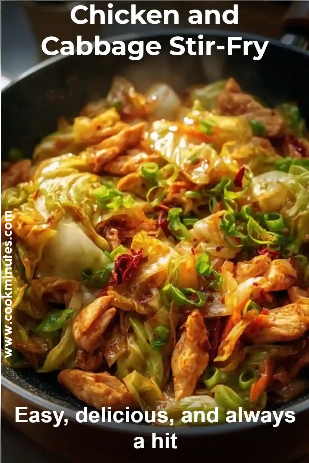 Chicken and Cabbage Stir-Fry – Healthy, Quick Weeknight Dinner Chicken and Cabbage Stir-Fry in a black skillet with vibrant vegetables and tender chicken pieces.