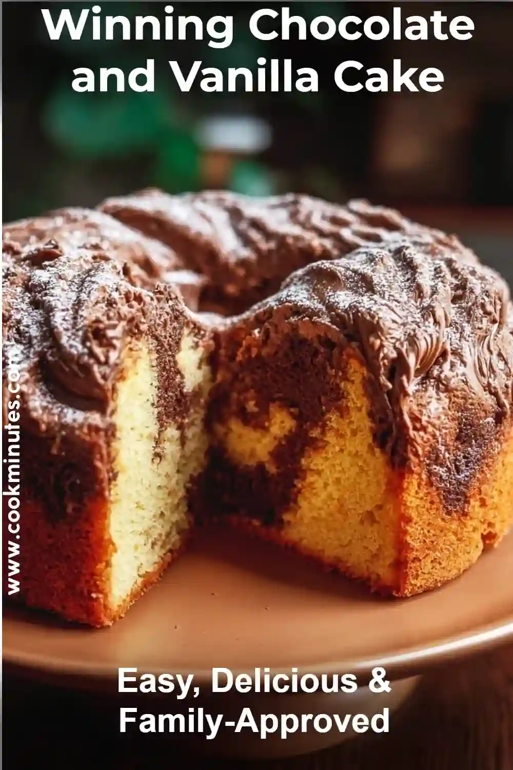 Chocolate and Vanilla Cake – Moist & Fluffy Layered Dessert Chocolate and Vanilla Cake slice showing swirled layers of cocoa and vanilla with a rich chocolate frosting.