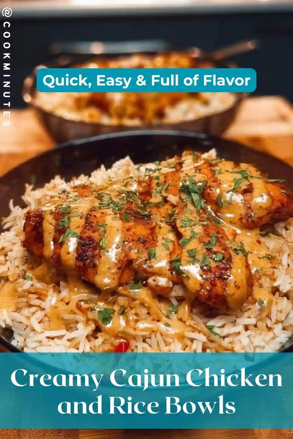 Creamy Cajun Chicken and Rice Bowls served in a rustic bowl, garnished with parsley.