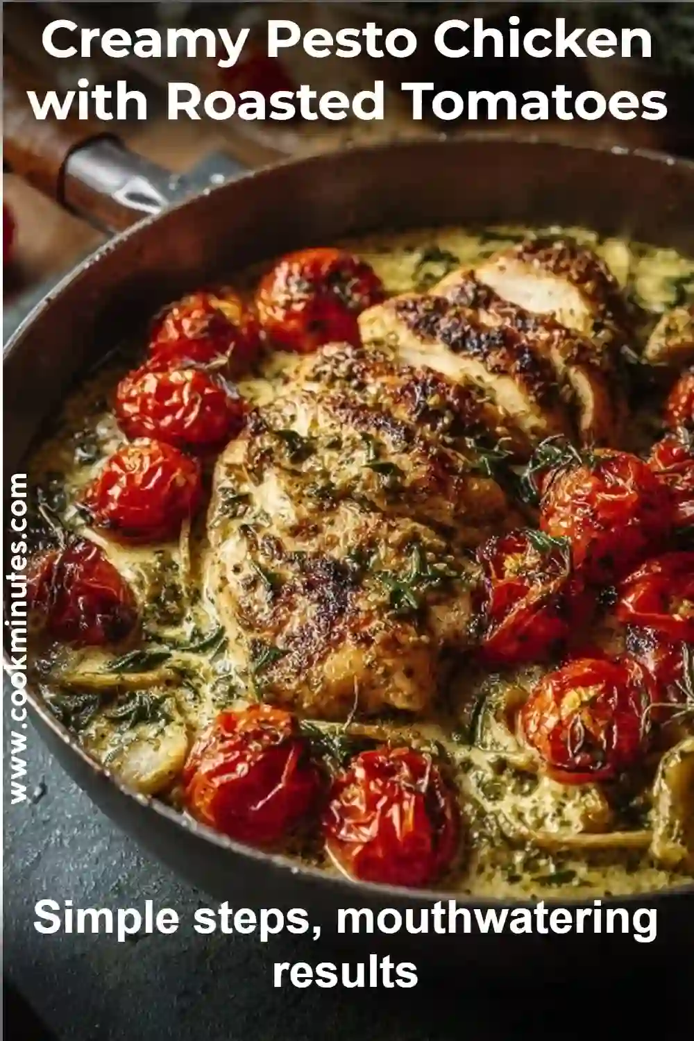 Creamy pesto chicken topped with basil sauce and roasted cherry tomatoes on a dark plate